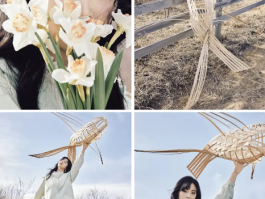 沈月手拿金鱼风筝俏皮灵动，穿花裙在灌木中跳舞尽显少女心